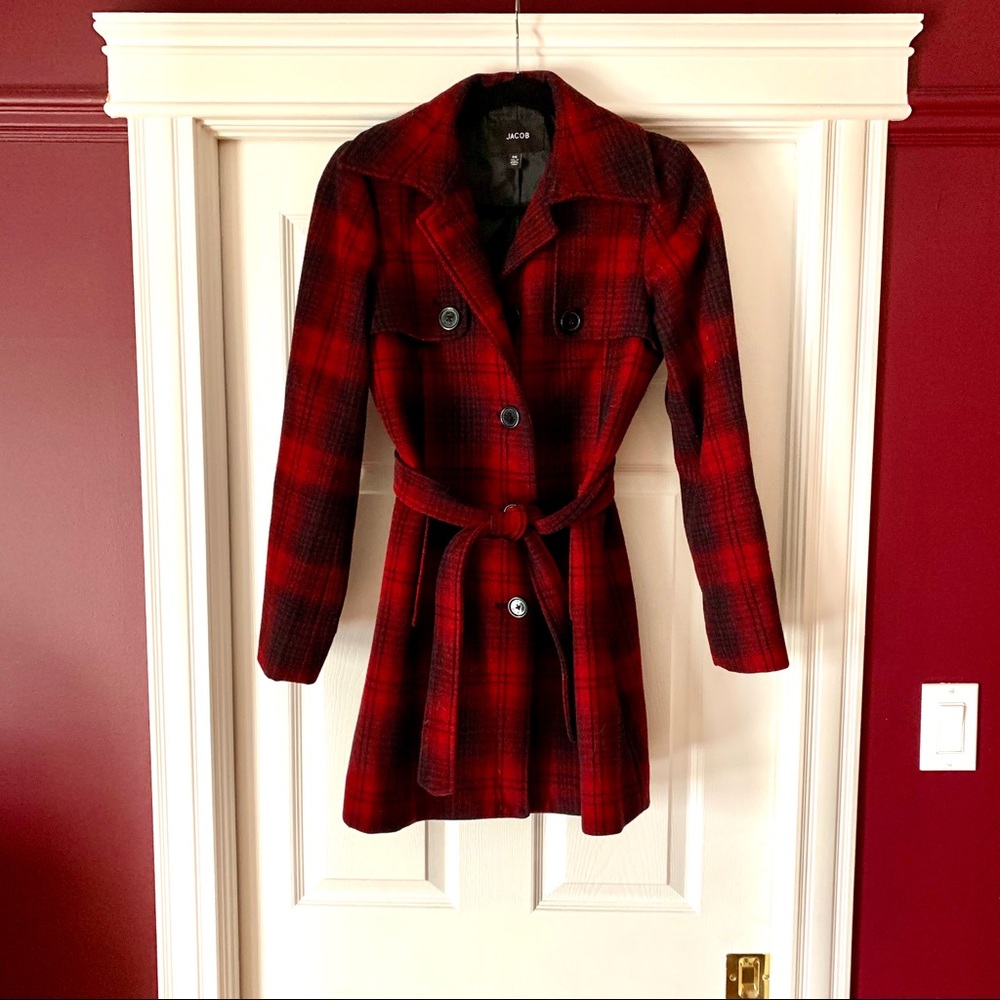 Jacob Red Plaid Wool Belted Peacoat, size 7